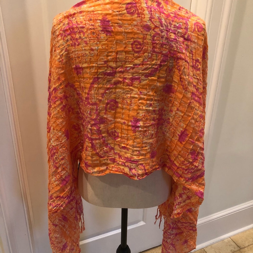 Colorful Orange and Pink Fringed  Scarf/ Throw - Picture 3 of 5